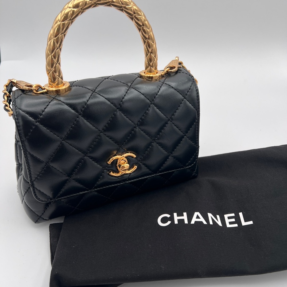 CHANEL Shiny Calfskin Quilted Mini Coco Chain Gold Handle Flap Black Bag - Picture 8 of 16